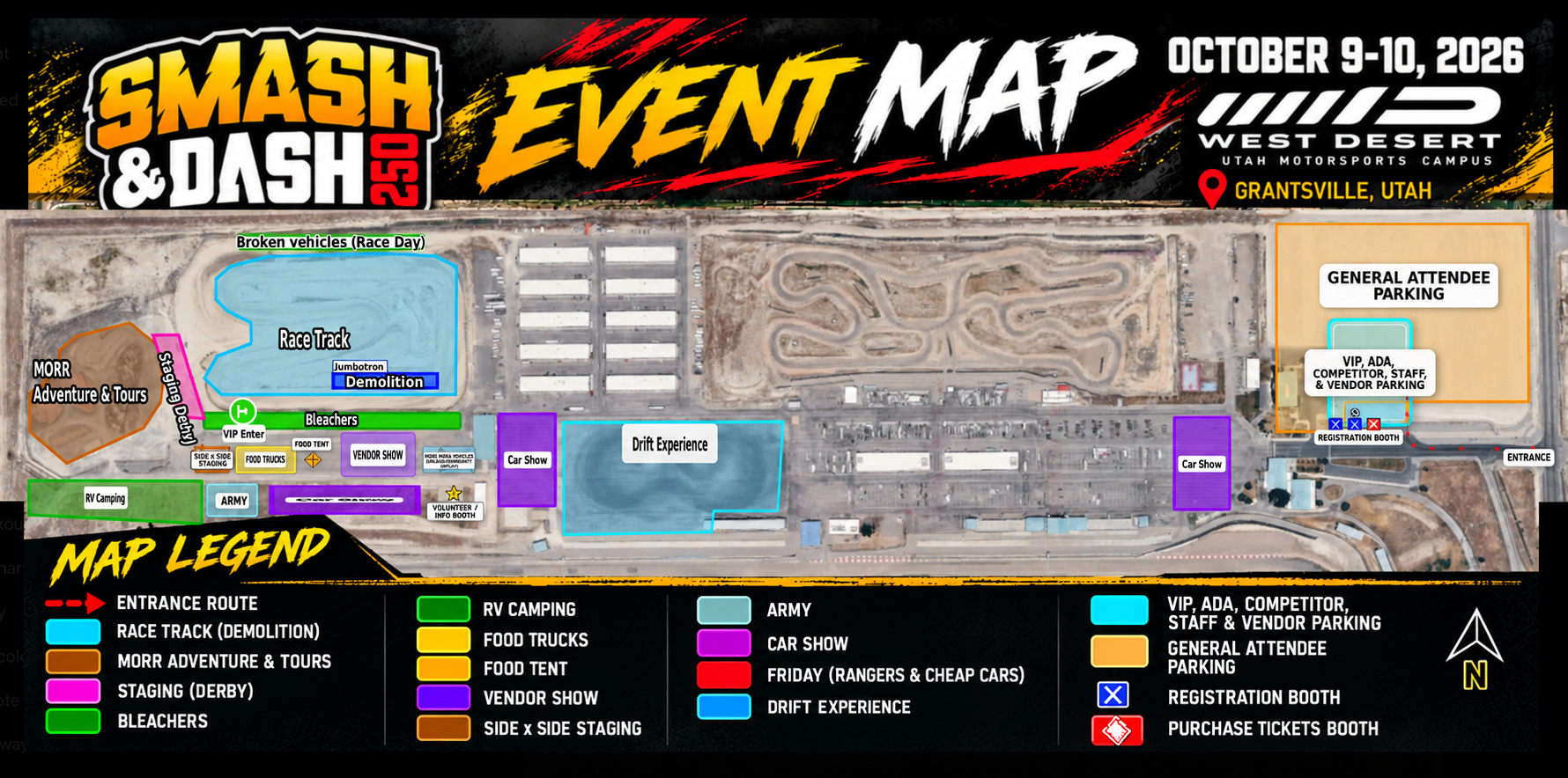 Smash and Dash 250 event map showing entrances, race track, bleachers, food and vendor areas, parking, and event experiences